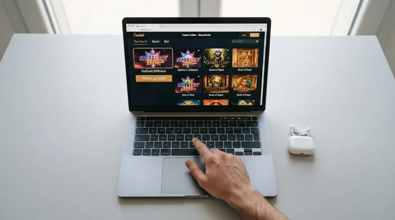Una mano che clicca su un pulsante «Prova la Demo» nella lobby di un casinò online, con il browser aperto e nessuna richiesta di login