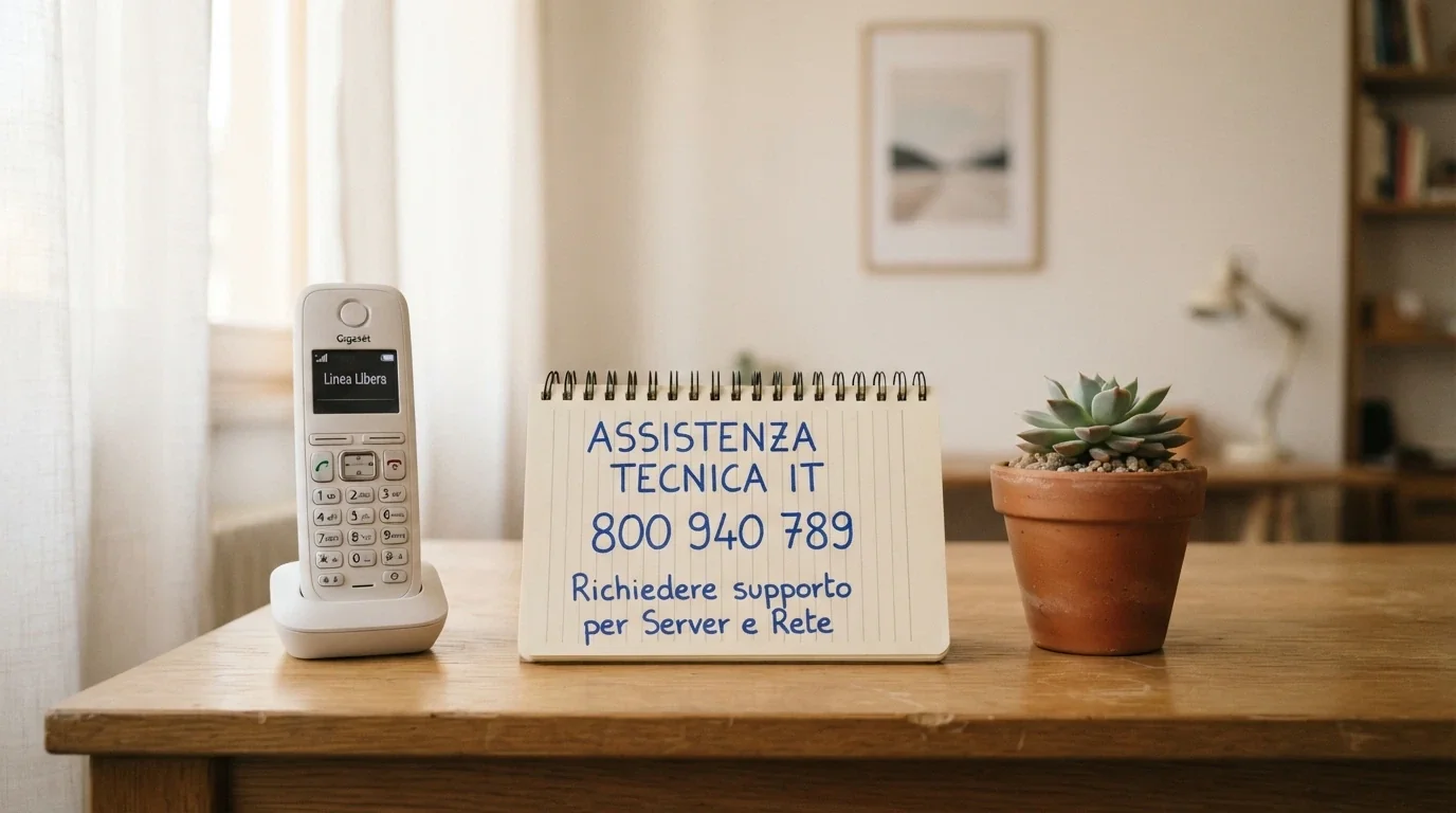 Un telefono fisso su una scrivania con accanto un block notes su cui è scritto a penna «800 940 789», in una stanza luminosa e ordinata