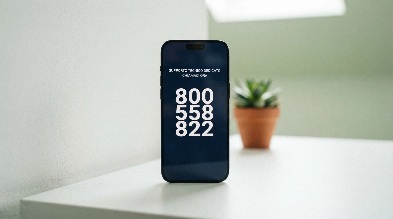 Un telefono con la cornetta sollevata accanto al numero verde 800 558 822 su uno sfondo pulito e rassicurante, senza elementi di casinò