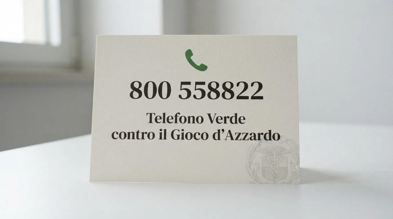 Il numero verde 800 558822 su uno sfondo istituzionale con il logo del Ministero della Salute e il testo «Telefono Verde contro il Gioco d'Azzardo»