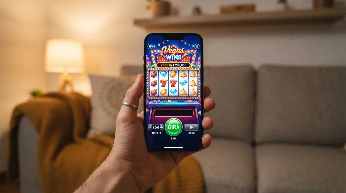 Smartphone in mano con sullo schermo l'interfaccia di un casinò mobile: la stessa slot in esecuzione fluida, comandi touch visibili, in ambiente quotidiano (tavolo, divano)