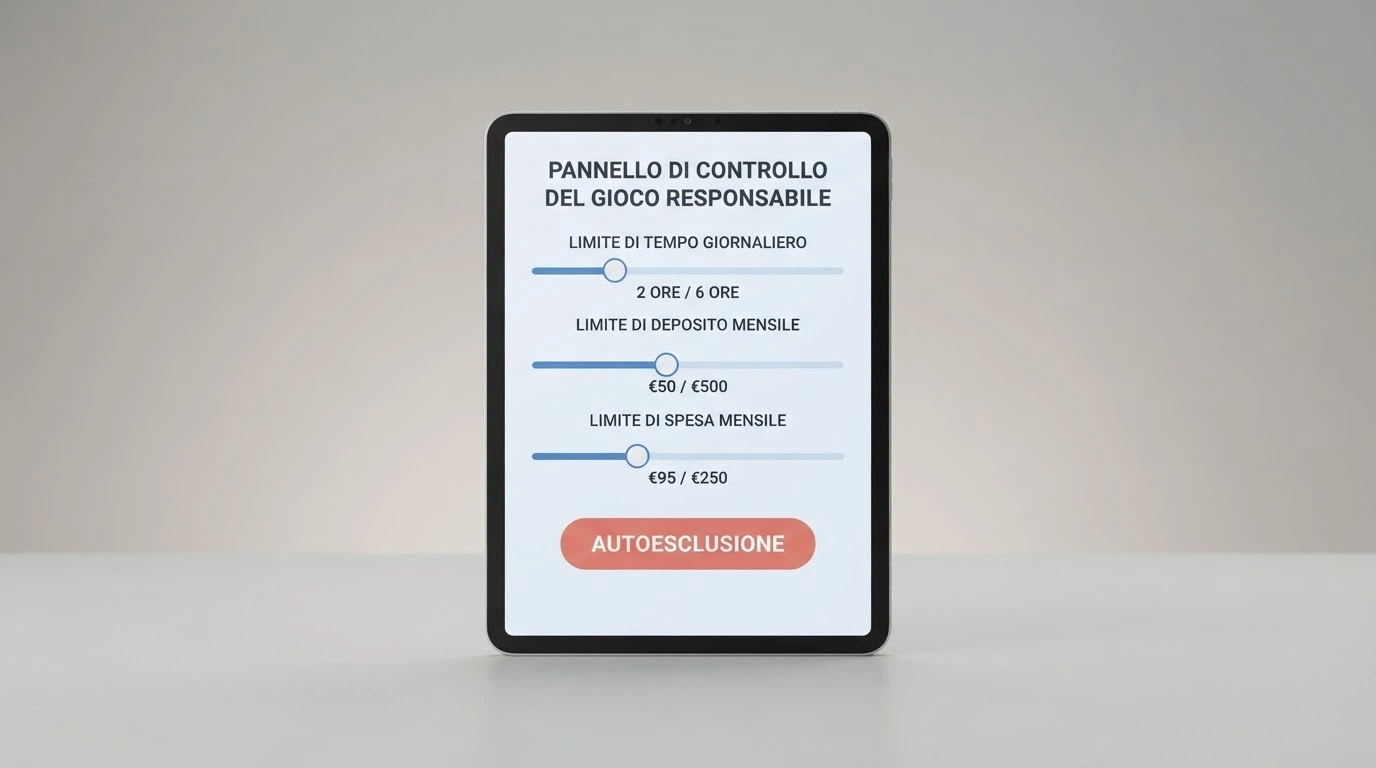 L'interfaccia di un pannello di controllo personale con slider per tempo, deposito e spesa, affiancato da un pulsante «Autoesclusione»