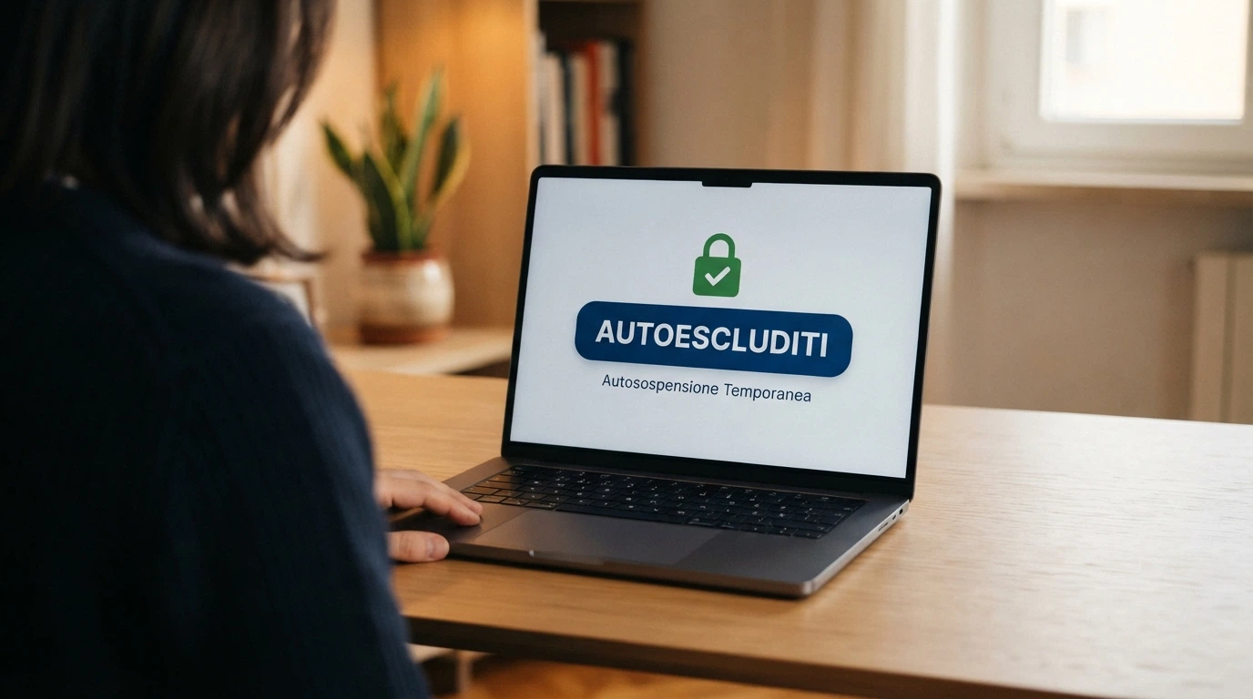 Una persona che preme il tasto «Autoescluditi» sull'interfaccia del portale ADM, con un lucchetto che si chiude animato sullo schermo