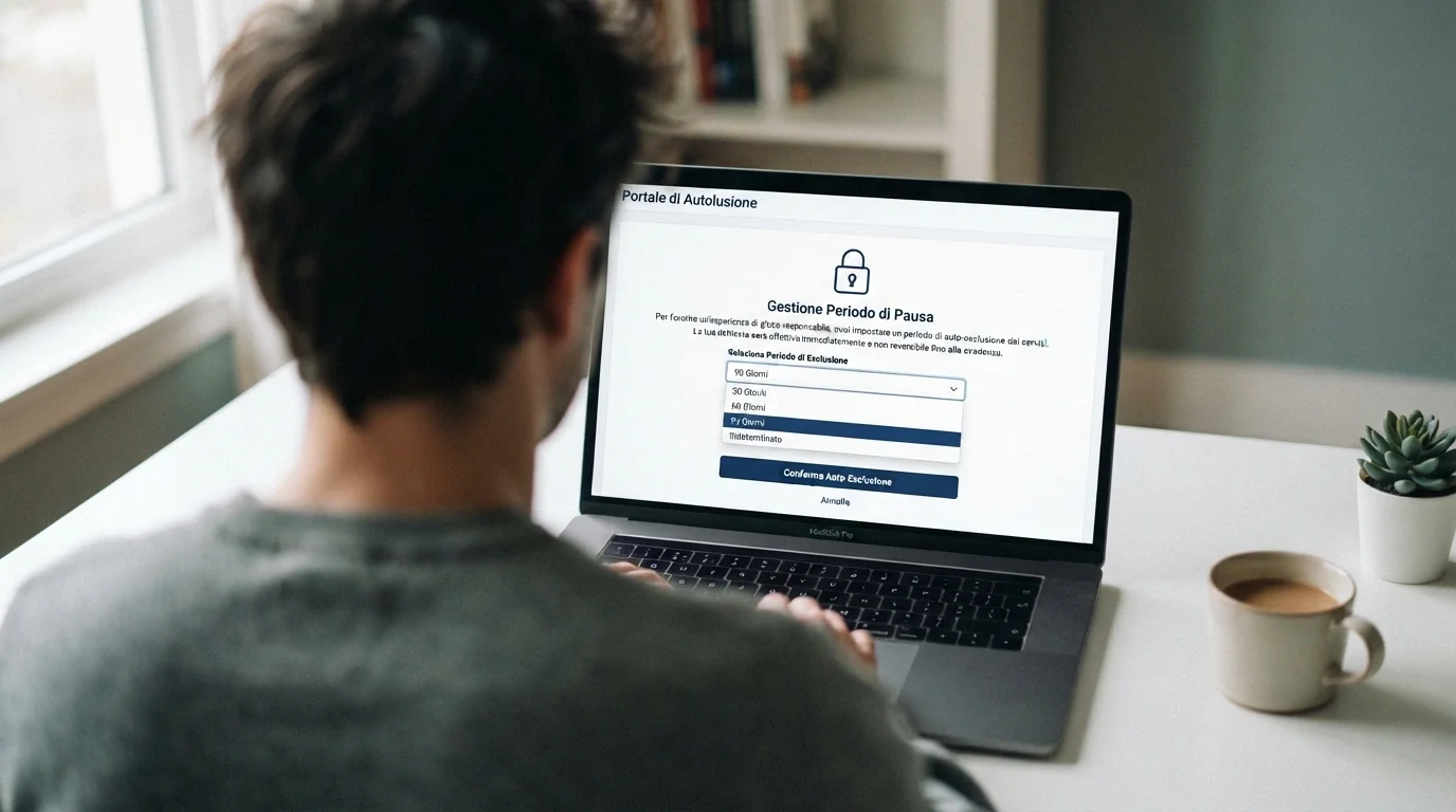 Una schermata con il modulo di autoesclusione online, un lucchetto e l'interfaccia del portale ADM per la scelta del periodo di esclusione