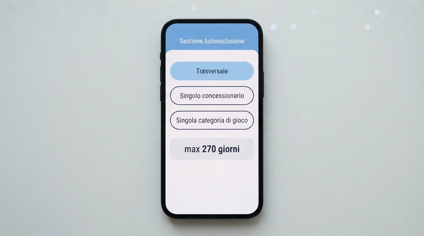 Un'interfaccia stilizzata del portale ADM con tre pulsanti: «Trasversale», «Singolo concessionario», «Singola categoria di gioco» e un contatore che segna «max 270 giorni»