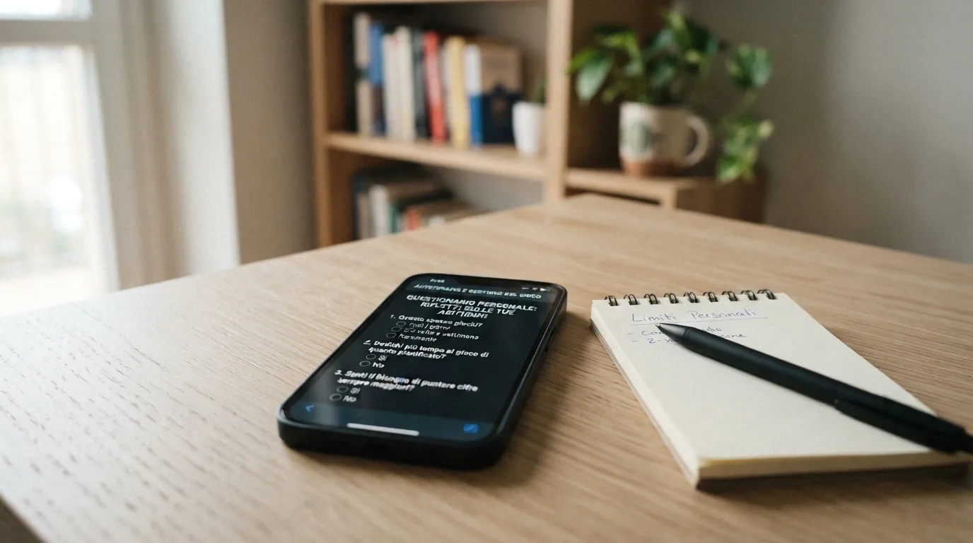 Lo schermo di uno smartphone con il questionario di autovalutazione ADM aperto, accanto a un blocchetto per appunti con su scritto «limiti personali» e una penna