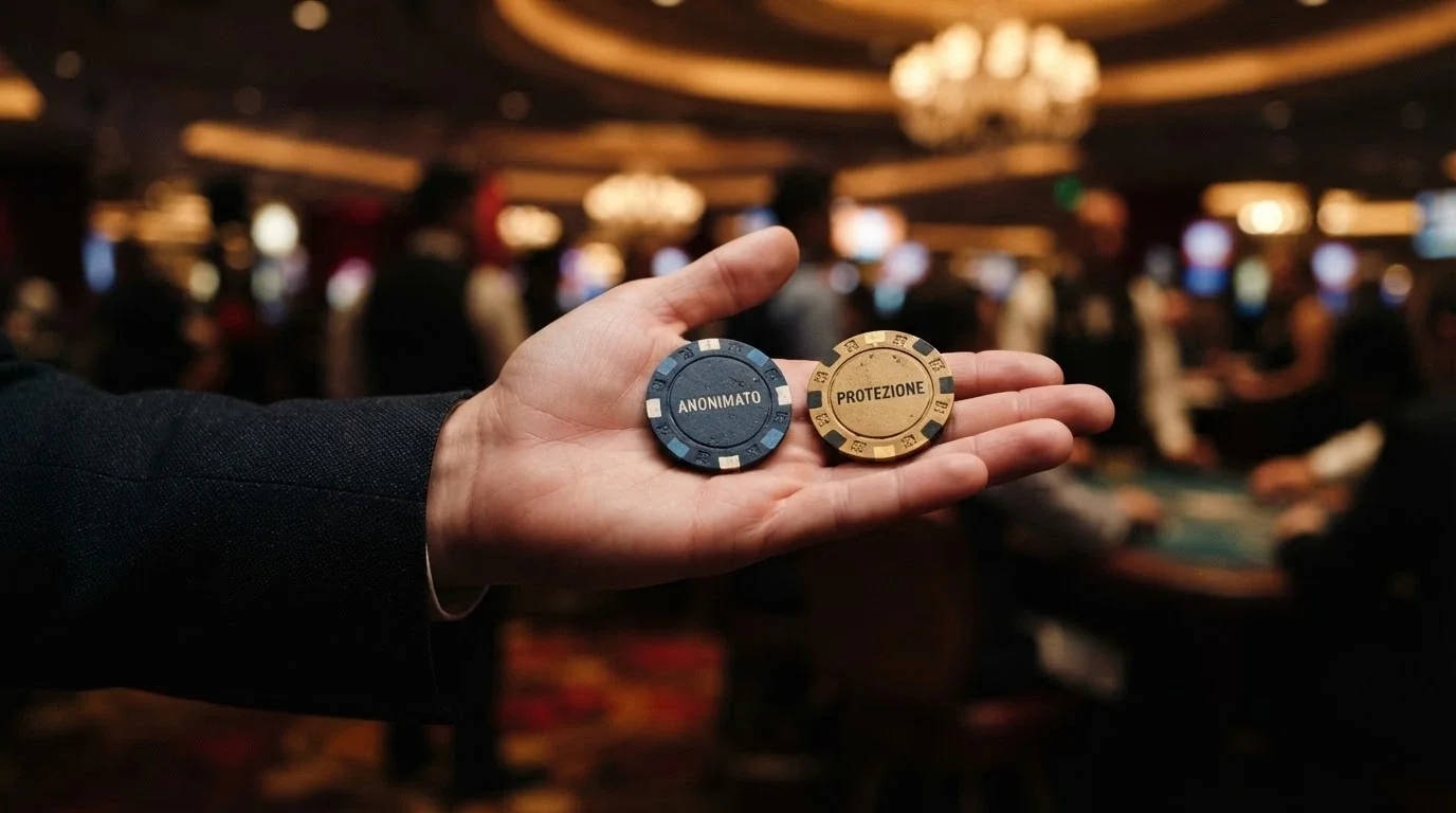 Una mano che soppesa due gettoni da casino: uno con la scritta «anonimato» e uno con la scritta «protezione ADM»