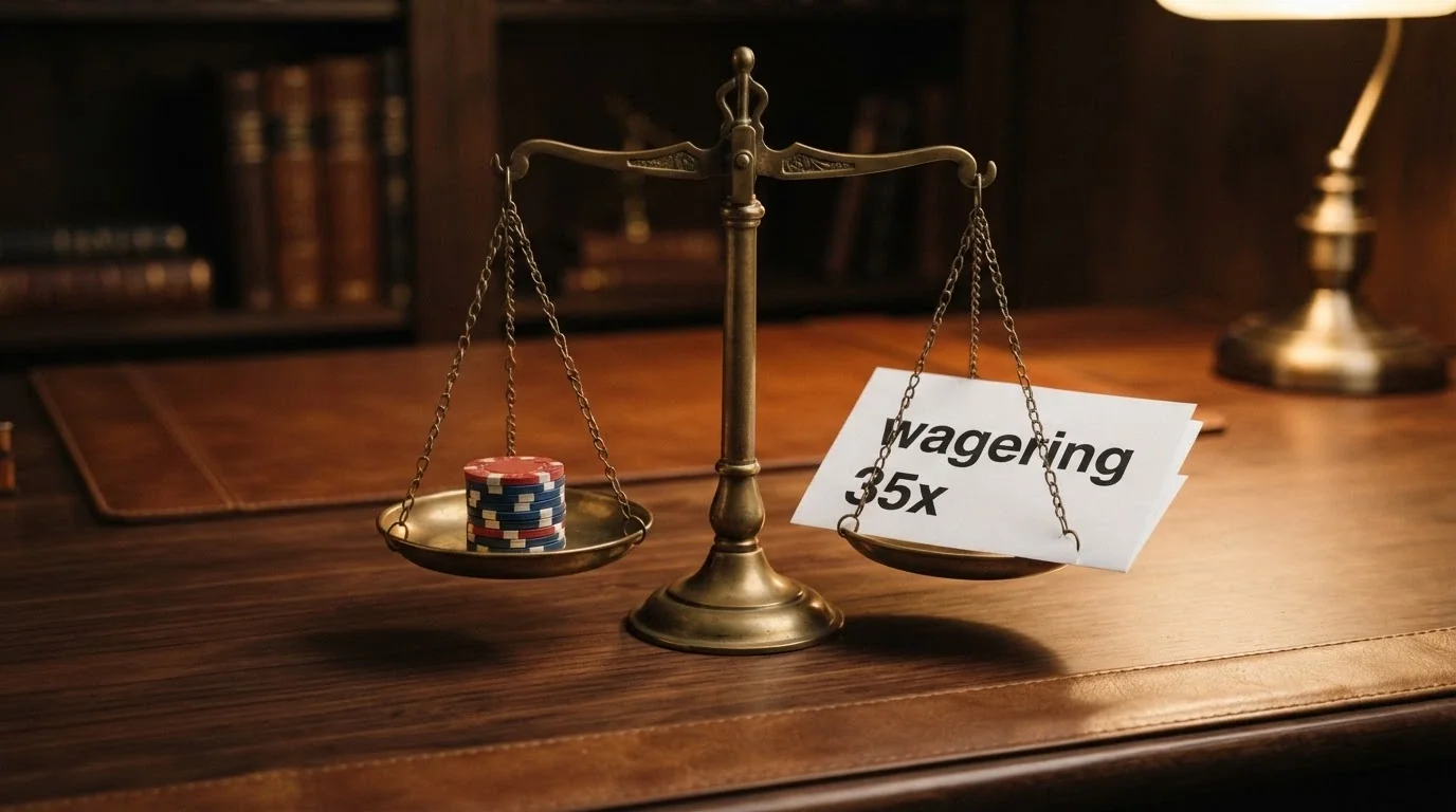 Una bilancia a due piatti: su un piatto una pila di giri gratis, sull'altro un foglio con la scritta «wagering 35x», con il piatto del wagering più pesante