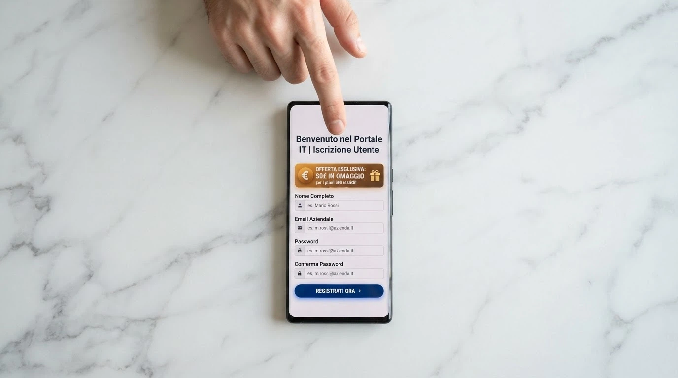 Schermata di registrazione con pacchetto bonus di benvenuto su primo deposito