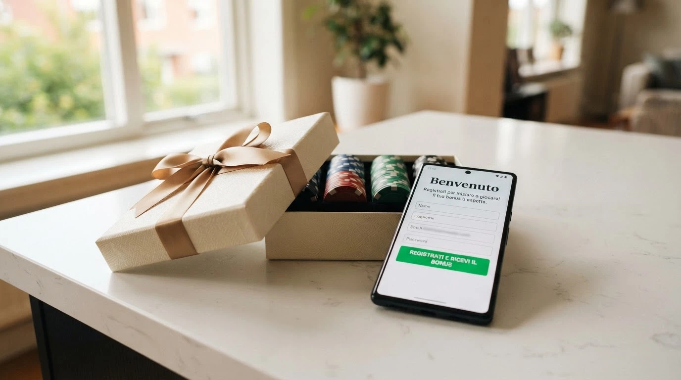 Un pacchetto regalo con la scritta «Welcome Bonus», chip da casinò e uno smartphone aperto sulla pagina di registrazione