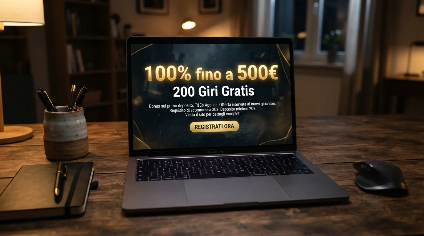 Schermata promozionale di un bonus di benvenuto con free spin e termini in primo piano