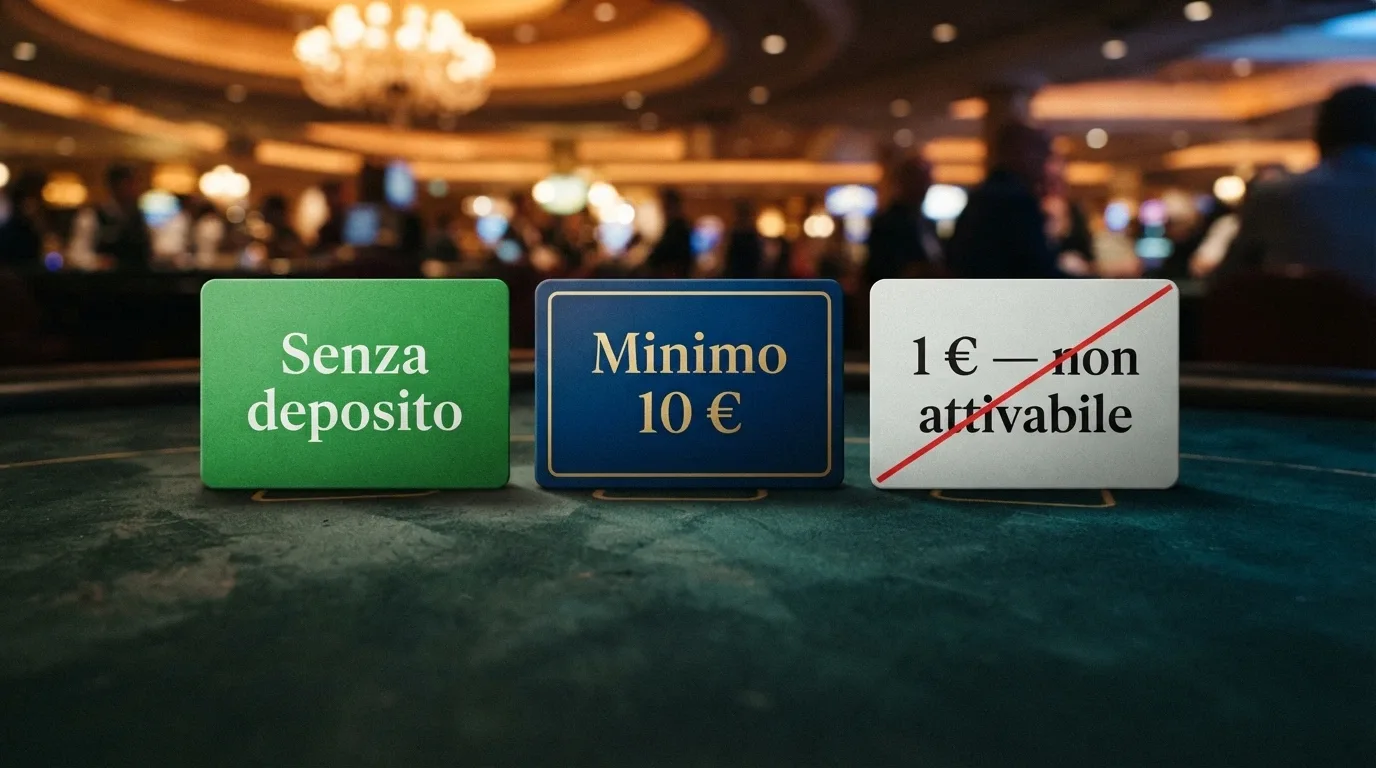 Tre carte bonus da casinò affiancate: una con «senza deposito», una con «minimo 10€», una barrata con «1€ — non attivabile»