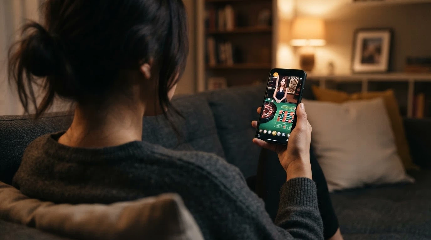 Smartphone con interfaccia di casino live e notifica di bonus
