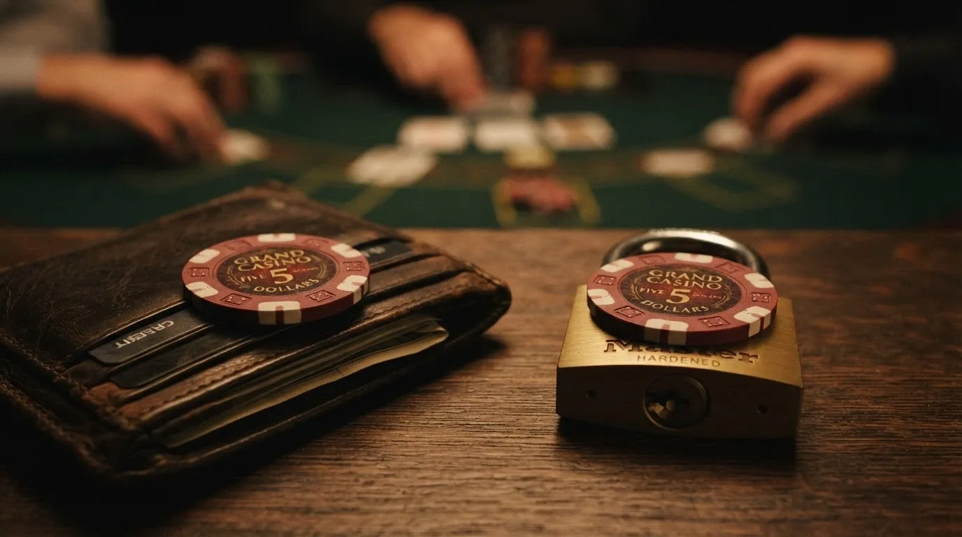 Due portafogli affiancati: uno aperto con banconote in vista (bonus reale) e uno chiuso con un lucchetto a forma di chip da casinò (fun bonus)