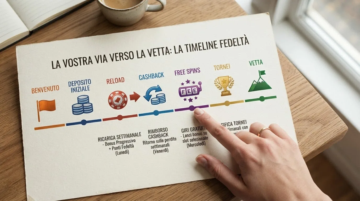 Un calendario promozionale mensile con icone che rappresentano bonus ricarica, cashback, free spin e tornei riservati