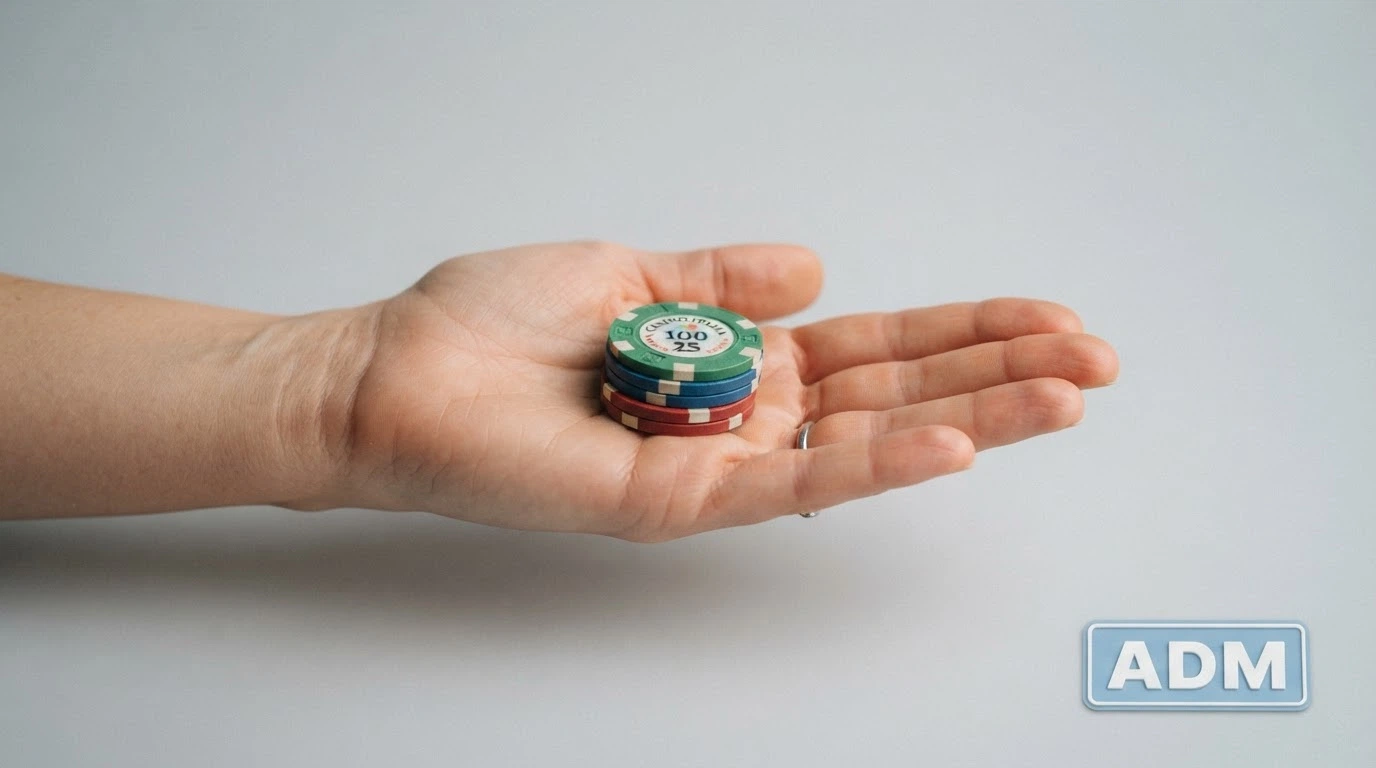 Una mano che riceve delle fiches senza aver posato nulla sul tavolo, su sfondo pulito, con un piccolo badge «ADM» nell'angolo