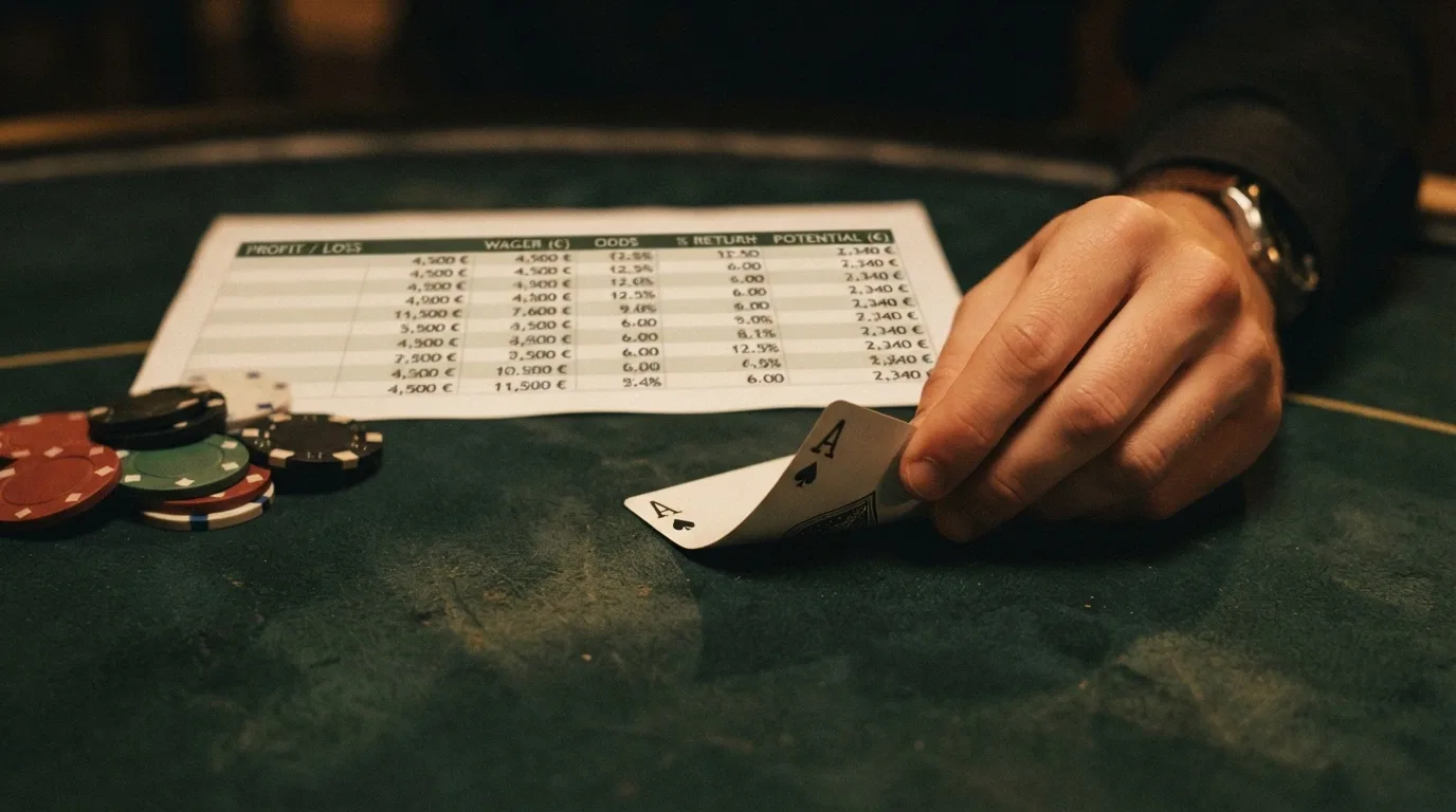 Un primo piano di una mano che volta una carta da gioco, sullo sfondo un foglio di calcolo con cifre di wagering e RTP