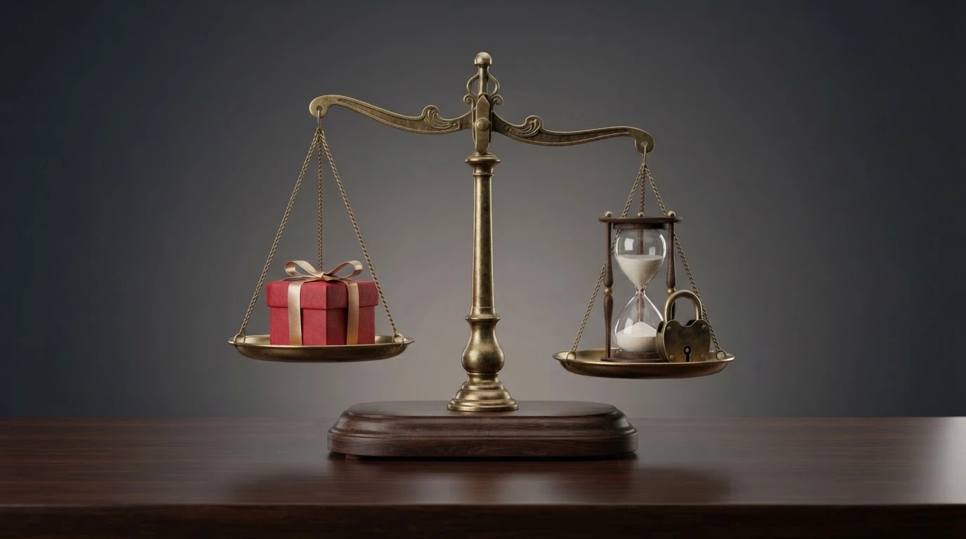 Una bilancia a due piatti: su uno il simbolo del bonus (un regalo), sull'altro una clessidra e un lucchetto — la bilancia è in equilibrio ma il piatto della clessidra pesa leggermente di più
