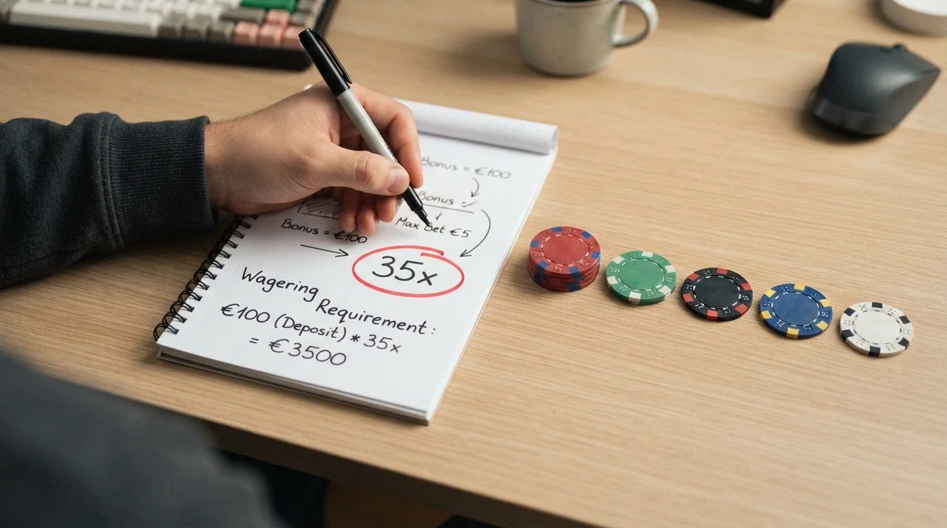 Una calcolatrice accanto a un blocco note su cui è scritto «35x» cerchiato in rosso, con una pila di fiches che si assottiglia progressivamente da sinistra a destra