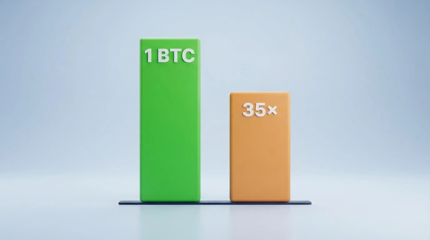 Un grafico a barre che mostra il valore nominale di un bonus (1 BTC) accanto al valore atteso dopo il requisito di scommessa 35×: la seconda barra è visibilmente più bassa