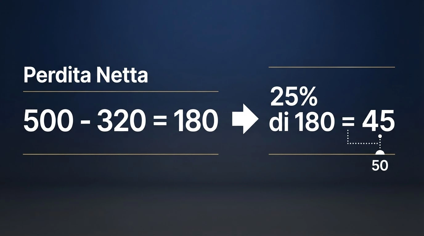 Schema visivo del calcolo: puntate totali meno vincite totali uguale perdita netta, con la percentuale di cashback applicata e il confronto con il cap massimo