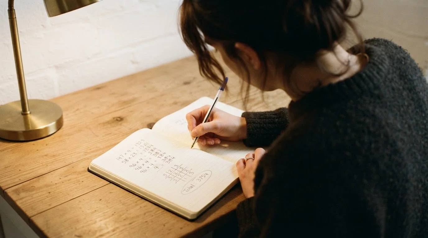 Una calcolatrice appoggiata su un foglio con tre righe di numeri: bonus × rollover, turnover × (1−RTP), ore stimate per completare i requisiti