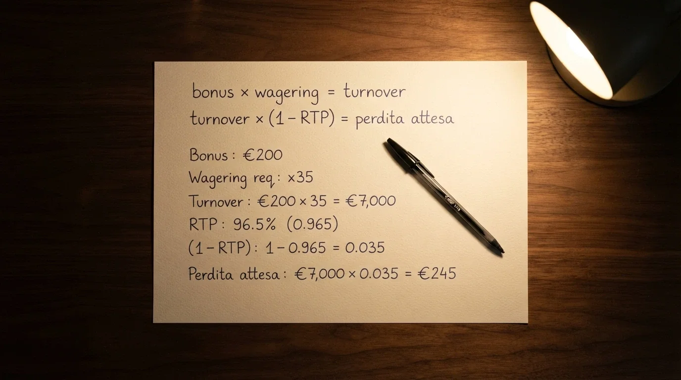 Un foglio di carta con una penna accanto, sopra sono scritti a mano i passaggi del calcolo: bonus × wagering = turnover, turnover × (1 − RTP) = perdita attesa