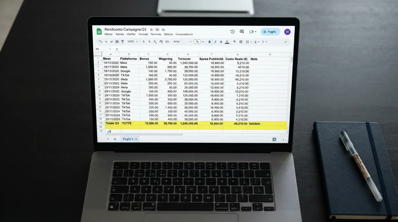 Primo piano di un foglio di calcolo con le voci bonus, wagering, turnover e costo reale evidenziato in giallo