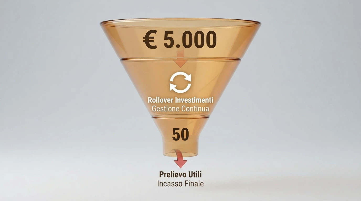 Un grafico a imbuto che mostra il percorso da un bonus nominale di €5.000 al massimo prelevabile di €50 dopo rollover e cap