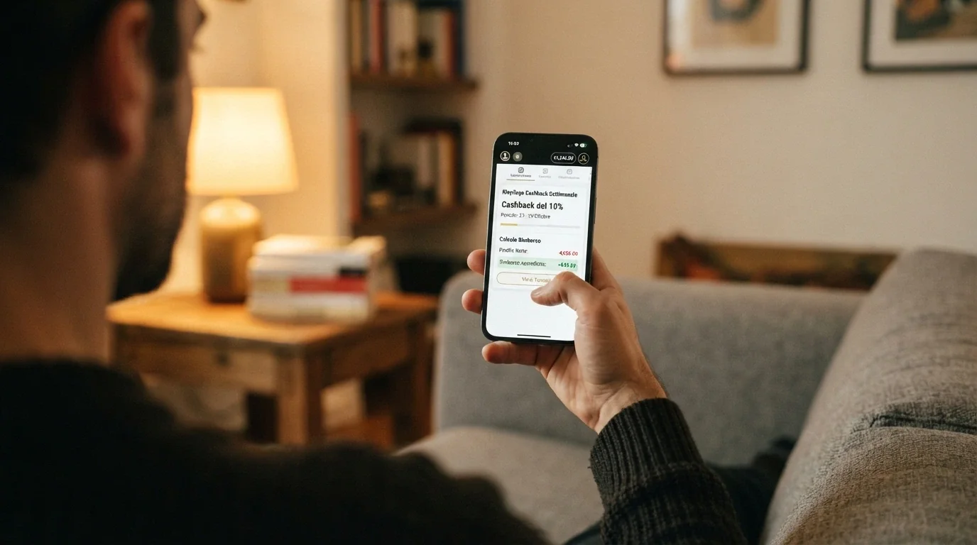 Smartphone con l'app di un casinò ADM aperta sulla schermata del cashback, con il riepilogo delle perdite nette e il rimborso accreditato