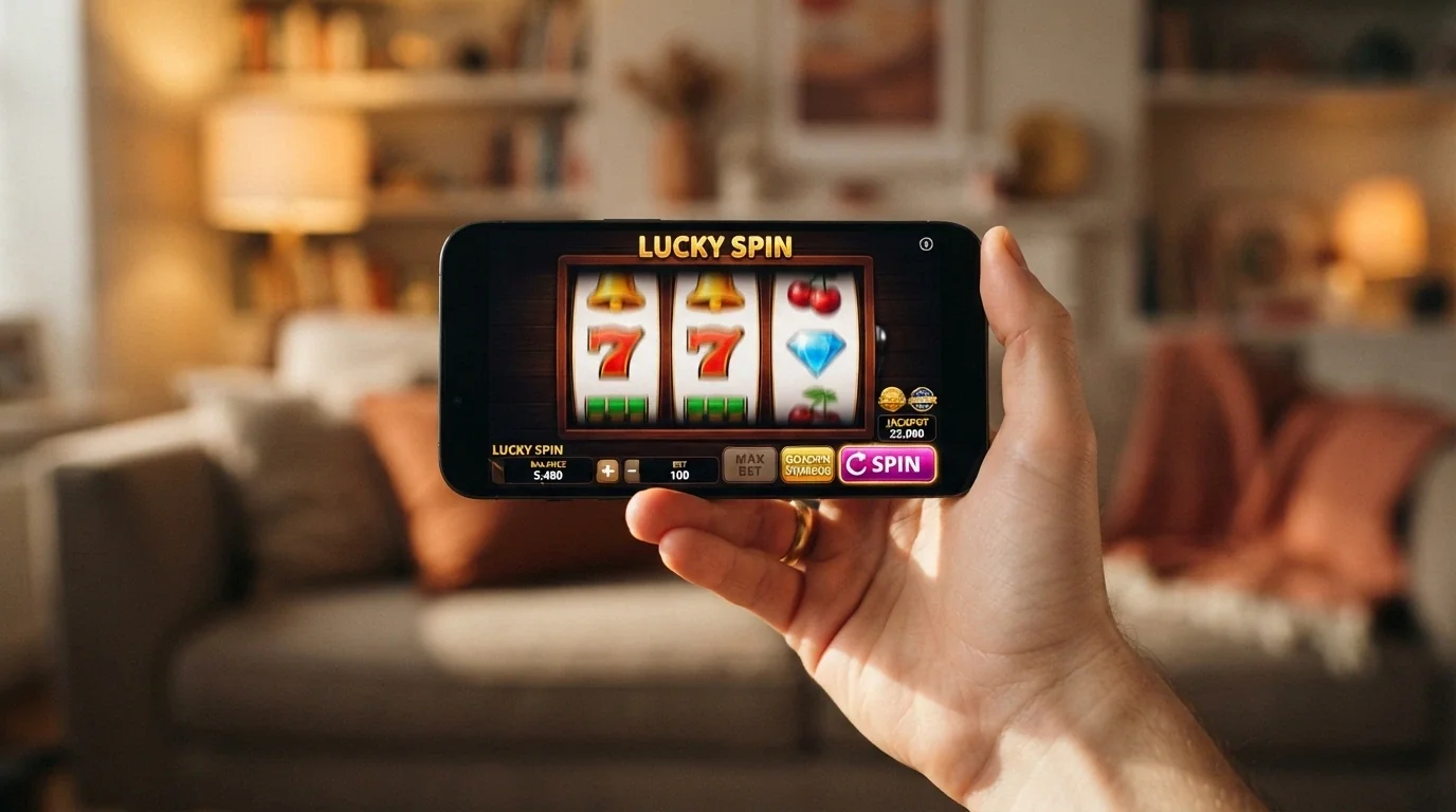 Una mano che tiene uno smartphone in orizzontale con una slot casino in esecuzione sullo schermo, lo sfondo sfocato di un ambiente domestico