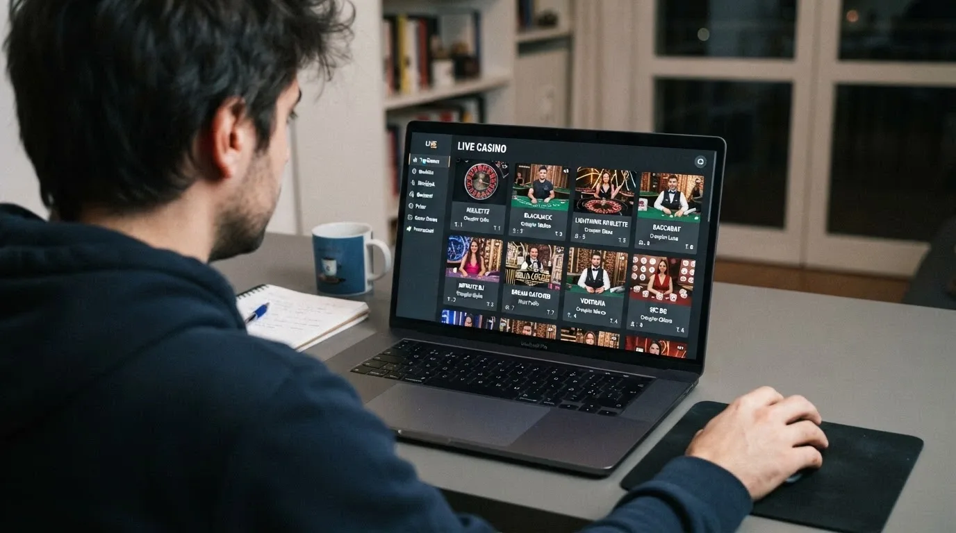 Schermata di un'interfaccia di casinò live con lobby dei tavoli, nomi dei croupier e anteprime dei giochi disponibili