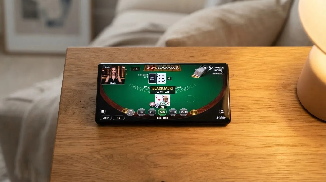 Smartphone in orizzontale con un tavolo da blackjack live attivo, interfaccia touch con pulsanti delle puntate