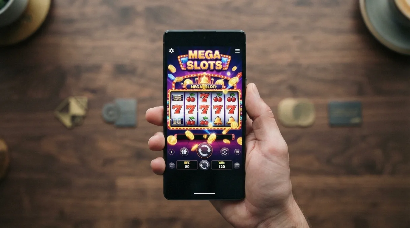 Una mano che tiene uno smartphone in verticale con una slot machine in esecuzione sullo schermo; sullo sfondo, icone di Apple Pay, Google Pay e Satispay