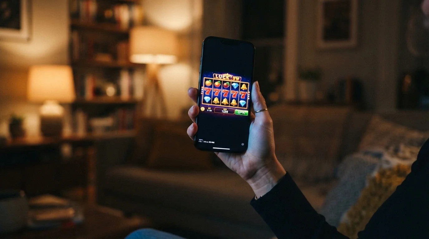 Smartphone con l'interfaccia mobile di un casinò online e una slot machine in esecuzione