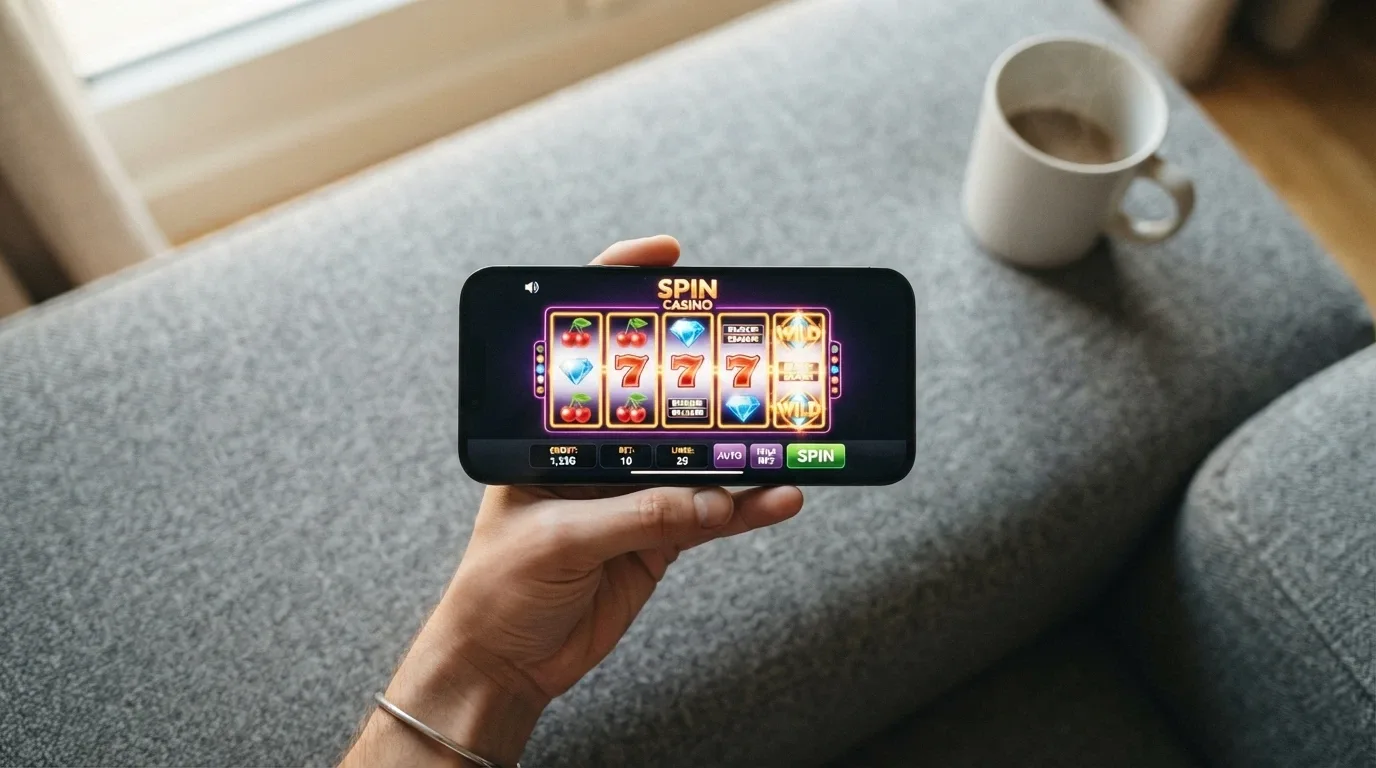 Una mano che tiene uno smartphone in orizzontale con una slot machine sullo schermo, sullo sfondo un divano e una tazza di caffè