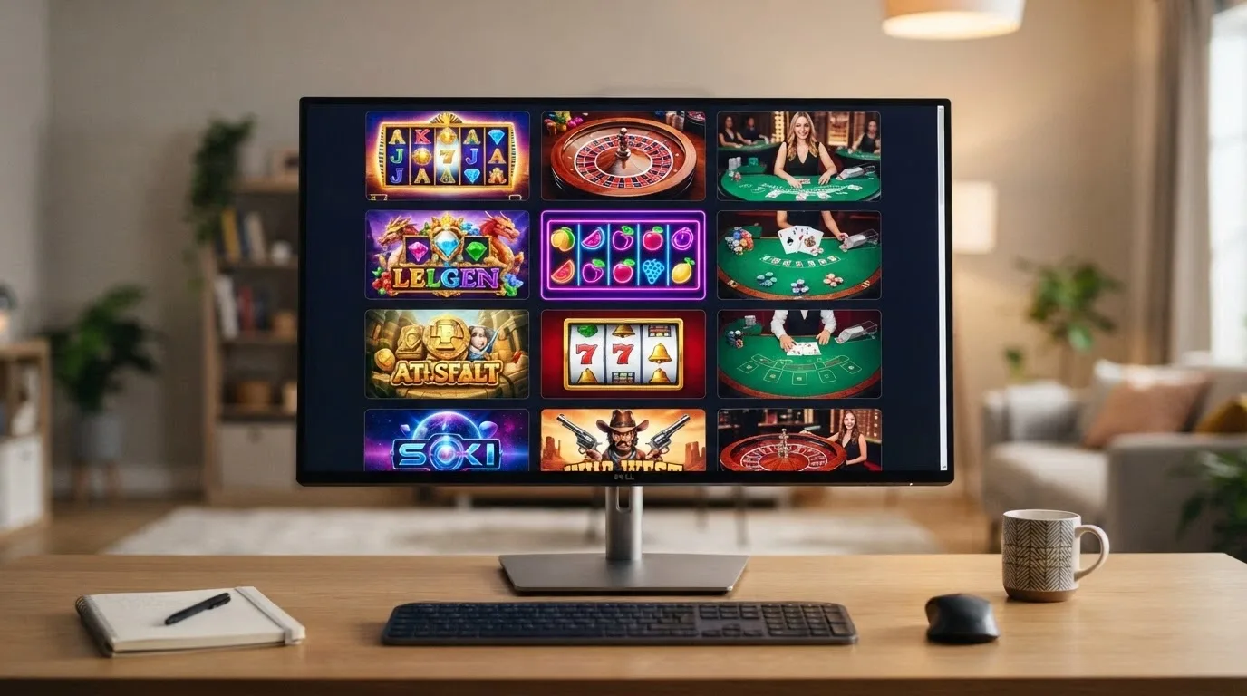 Una griglia di miniature di giochi da casinò — slot colorate, un tavolo di roulette e un dealer in streaming — disposte come in una lobby