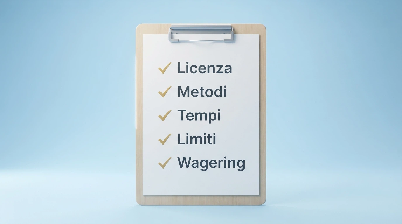 Checklist di icone: licenza, metodi di pagamento, tempi di prelievo, recensioni