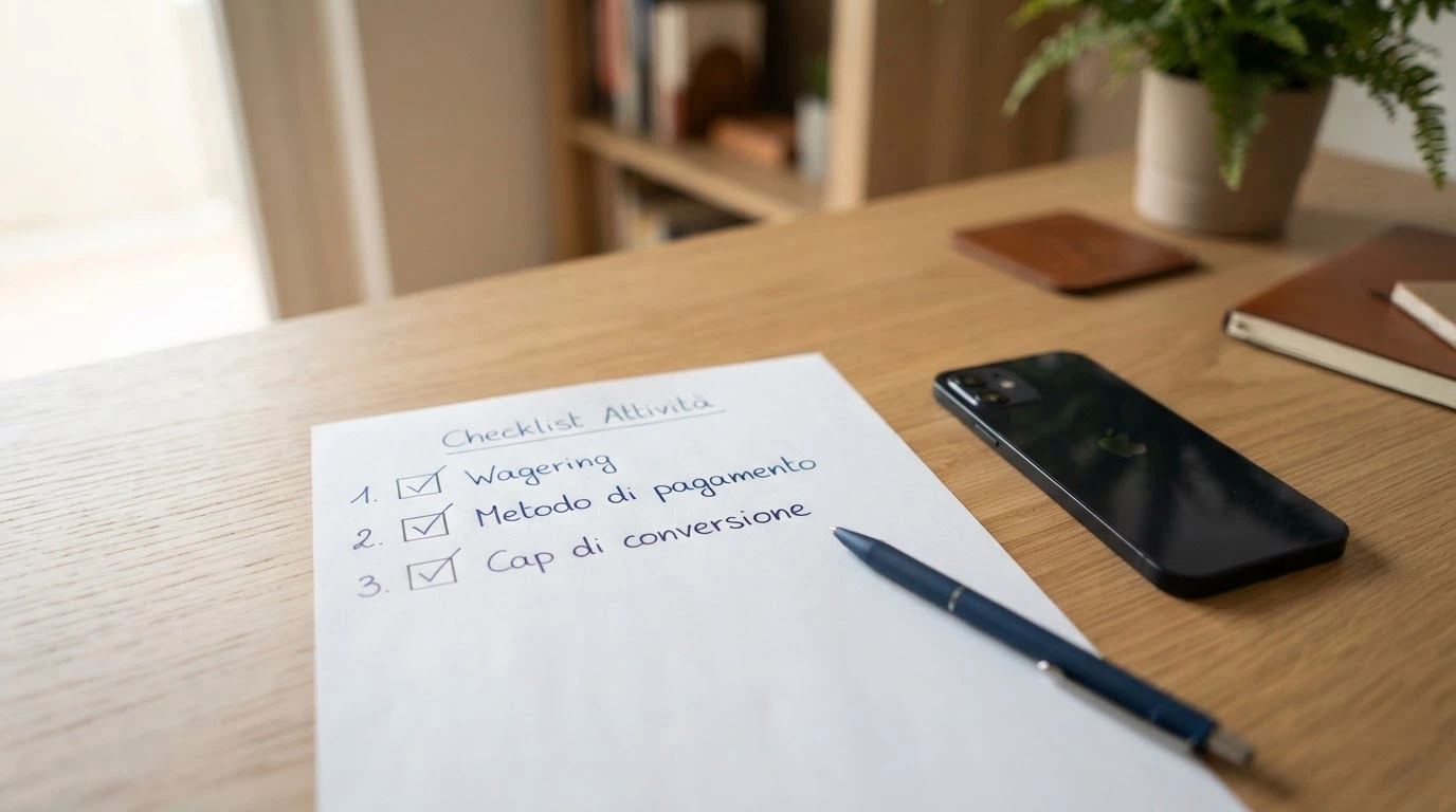 Una checklist con tre voci barrate: wagering, metodo di pagamento, cap — posata su una scrivania accanto a un dispositivo.