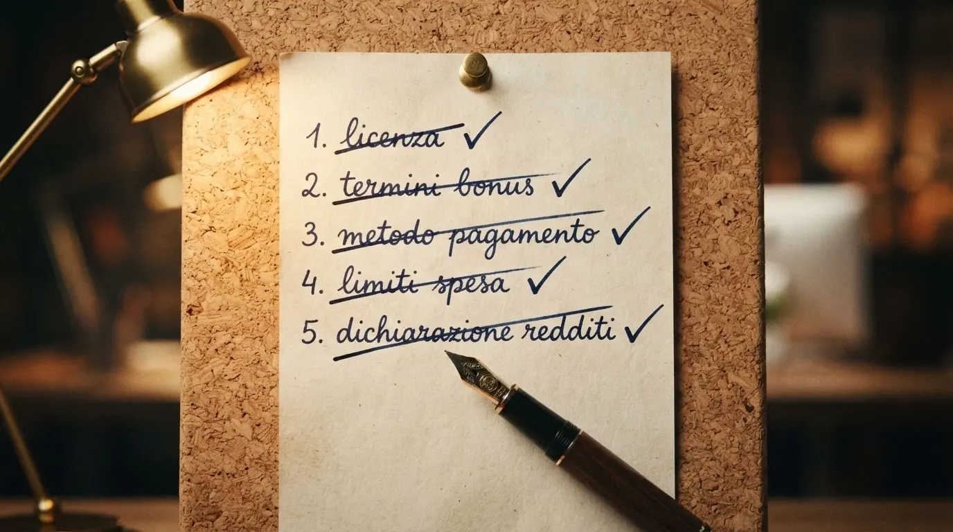 Una lista di controllo scritta a mano con voci barrate: licenza, termini bonus, metodo pagamento, limiti spesa, dichiarazione redditi — con una penna appoggiata sull'ultima voce