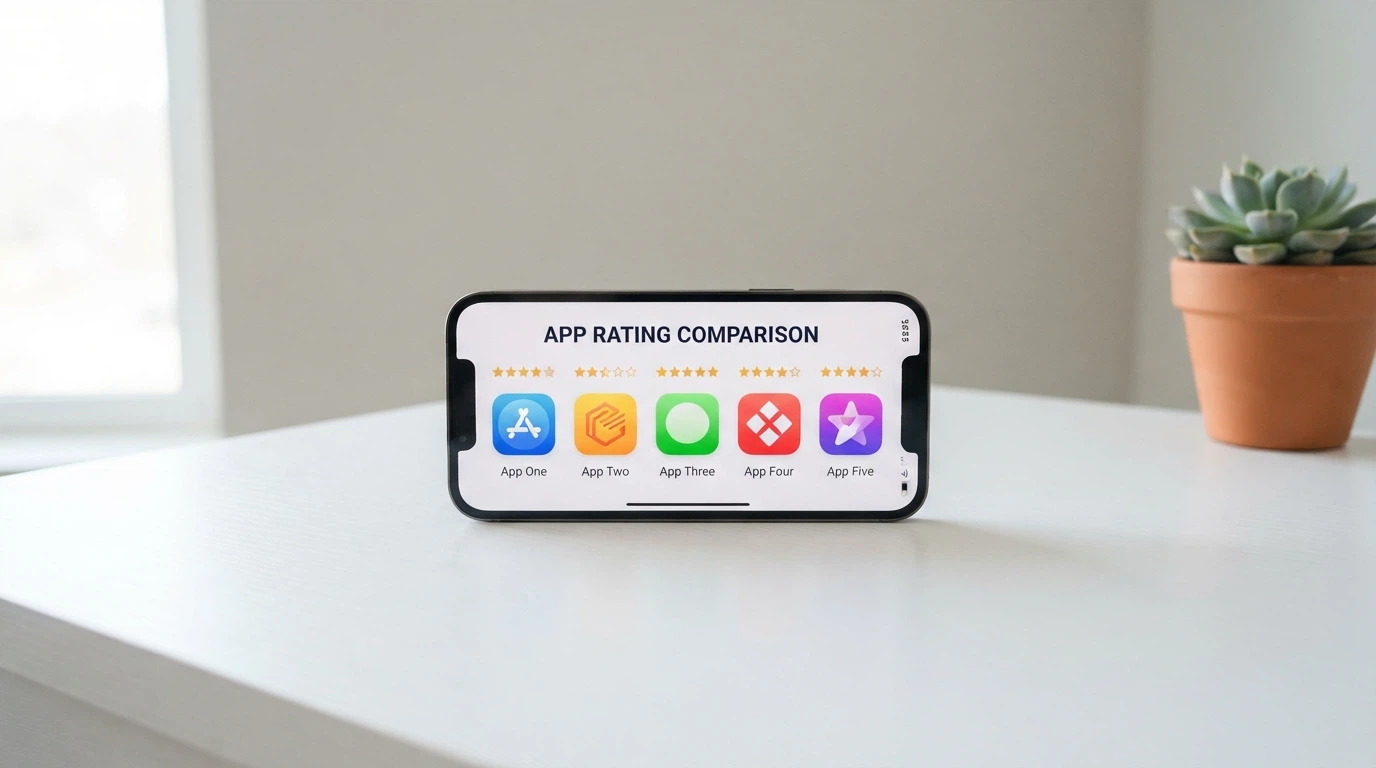 Una schermata comparativa con le icone di cinque app casinò allineate su un display iPhone, ciascuna con valutazione in stelline