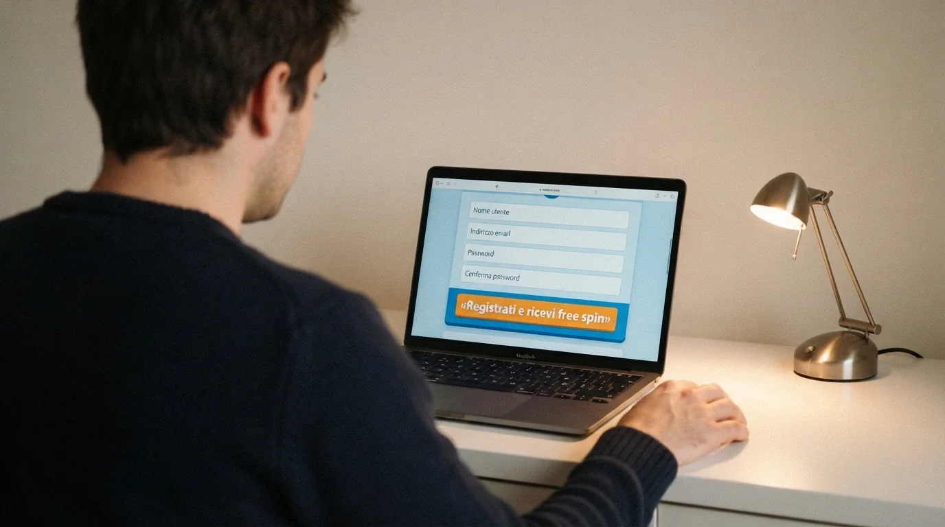 Una schermata di registrazione su un casinò online con il pulsante «Registrati e ricevi free spin» in evidenza
