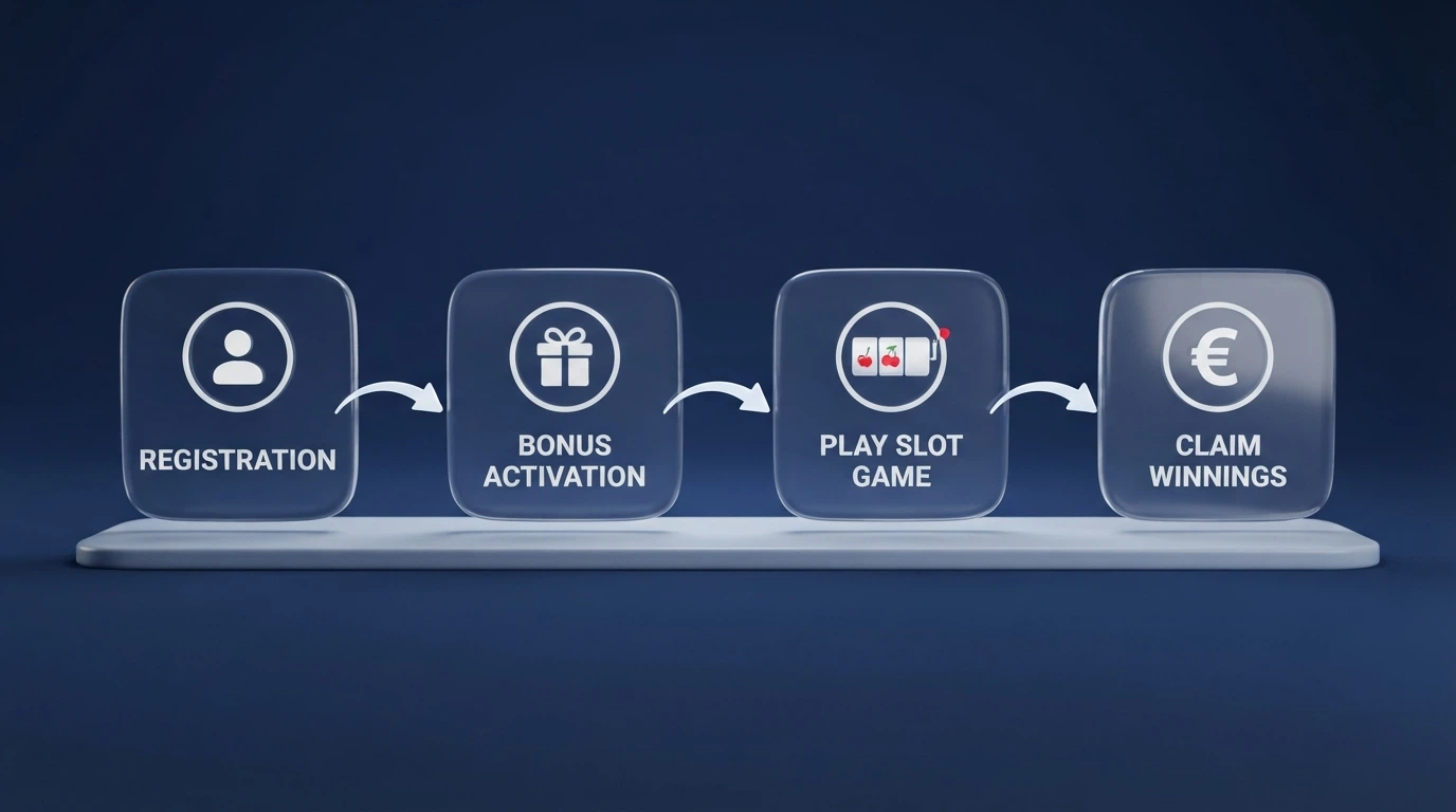 Schema visivo del percorso di un free spin: registrazione, attivazione del bonus, giro sulla slot, conversione in saldo