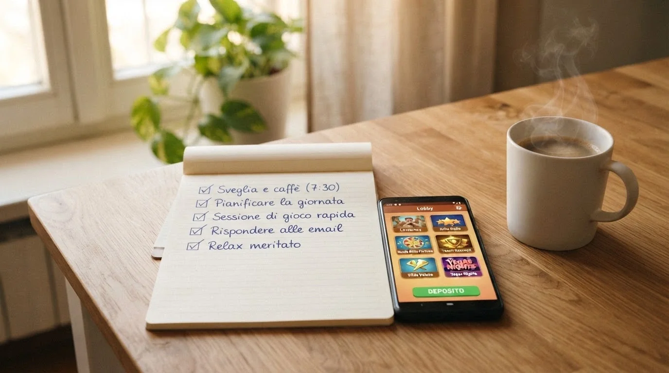 Una checklist con caselle spuntate su un blocco note affiancato a uno smartphone con la schermata di un casinò crypto, su una scrivania con una tazza di caffè