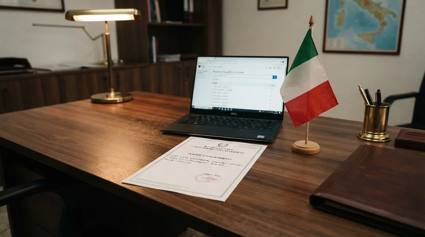 Il logo dell'Agenzia delle Dogane e dei Monopoli su uno sfondo con la bandiera italiana e un documento ufficiale con timbro