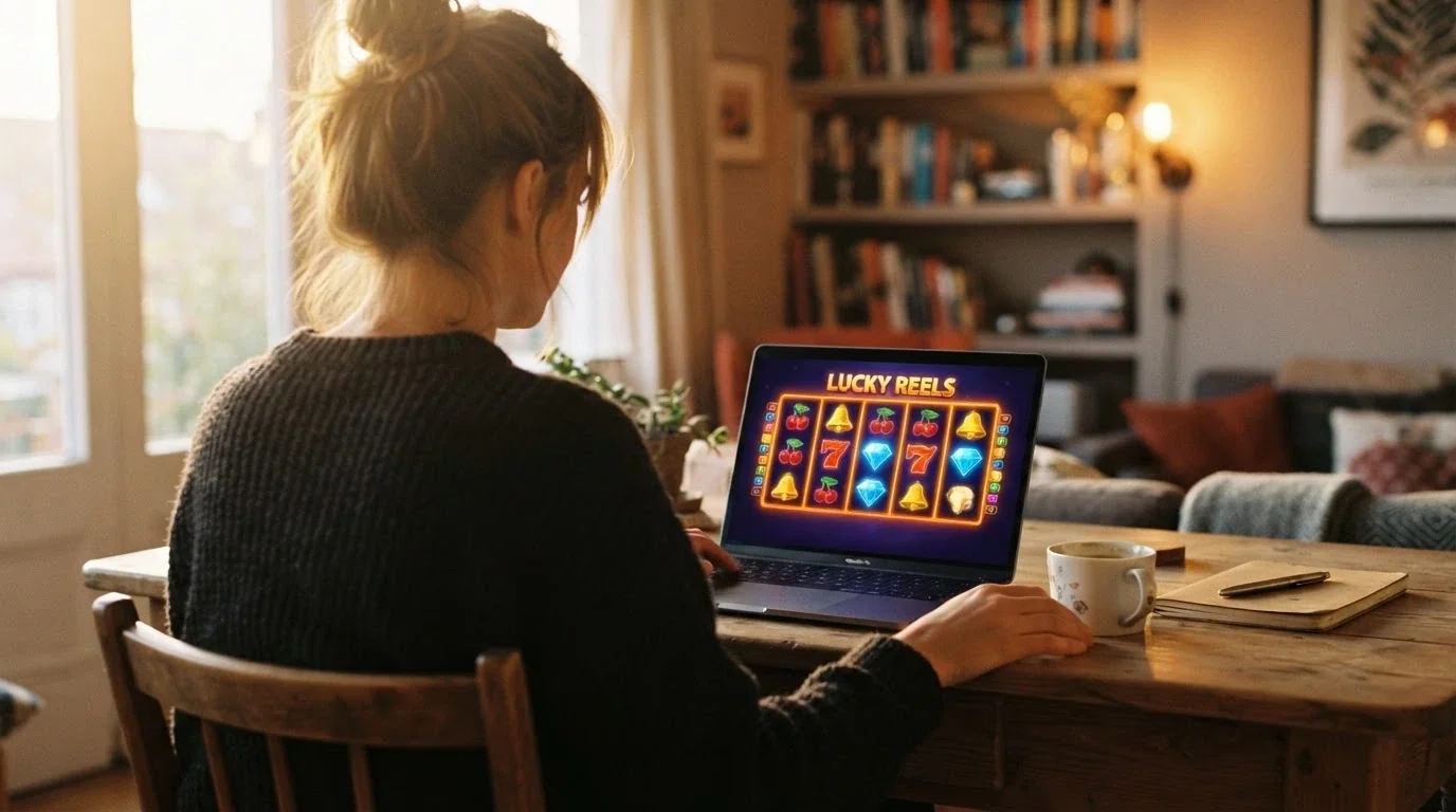 Un giocatore che sorride davanti al computer con una tazza di caffè, senza soldi né fiches in vista