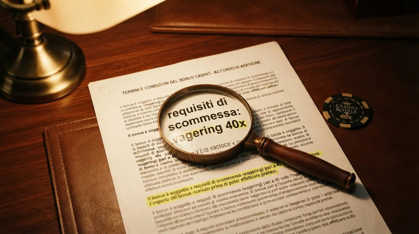 Un primo piano di un contratto con una lente di ingrandimento sopra una clausola evidenziata in giallo, con la scritta «wagering 40x» in caratteri grandi