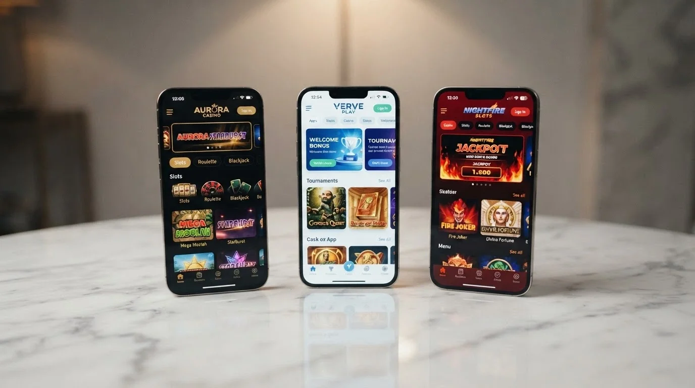 Vista affiancata delle schermate home di tre app casinò Android con licenza ADM