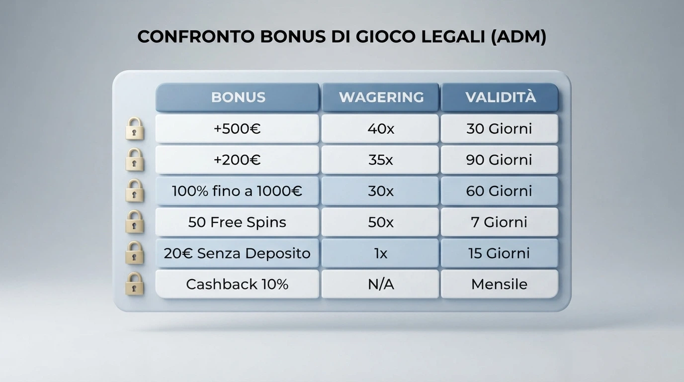 Una tabella comparativa stilizzata su sfondo neutro, con colonne per bonus, wagering e validità, ogni riga con l'icona di un lucchetto (simbolo della licenza ADM)