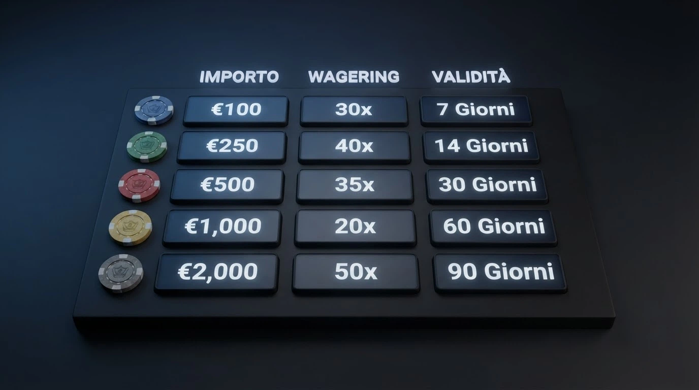 Una griglia comparativa stilizzata su sfondo scuro con colonne intestate a importo bonus, wagering e validità, e dieci loghi di casinò allineati nella prima colonna